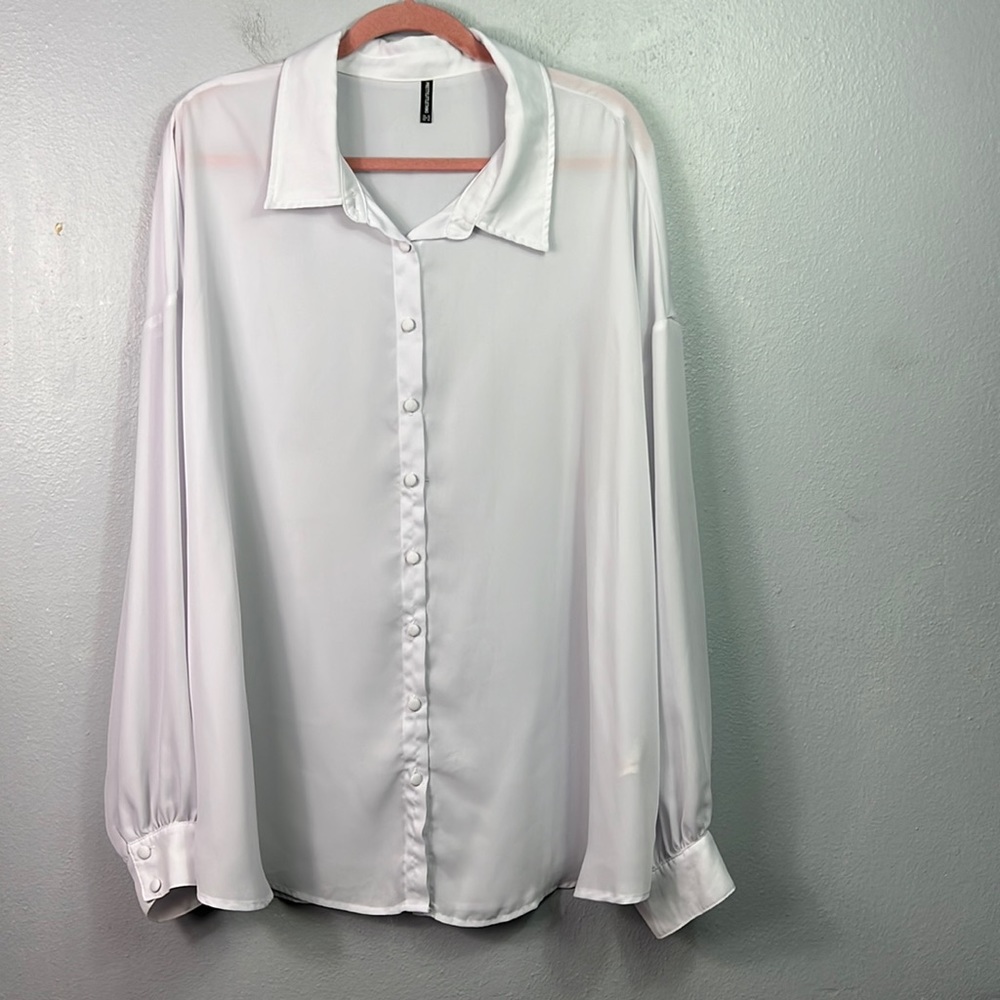 PrettyLittleThing White Sheer Button Front Long Sleeve Blouse 18